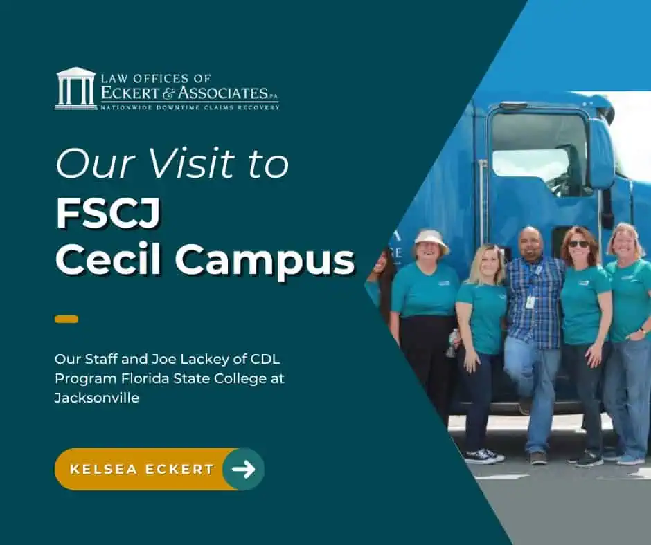 Group photo of Eckert & Associates staff with Joe Lackey at FSCJ Cecil Campus. A truck is in the background, text on the photo includes "Our Visit to FSCJ Cecil Campus.
