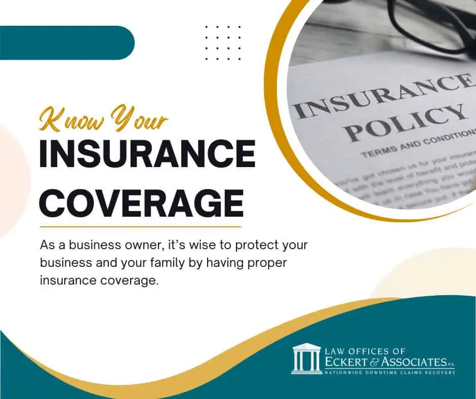 Infographic on insurance coverage for business owners with text emphasizing the importance of proper coverage. Includes company logo and an image of an insurance policy document.