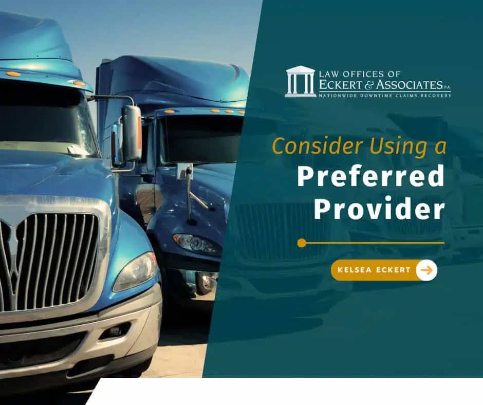 Two blue trucks parked side by side with an overlay promoting Eckert & Associates, encouraging the use of a preferred provider.