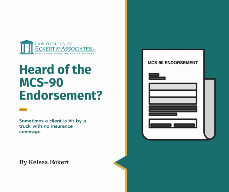 Image of a document titled "MCS-90 Endorsement" next to text that reads: "Heard of the MCS-90 Endorsement? Sometimes a client is hit by a truck with no insurance coverage." By Kelsea Eckert.
