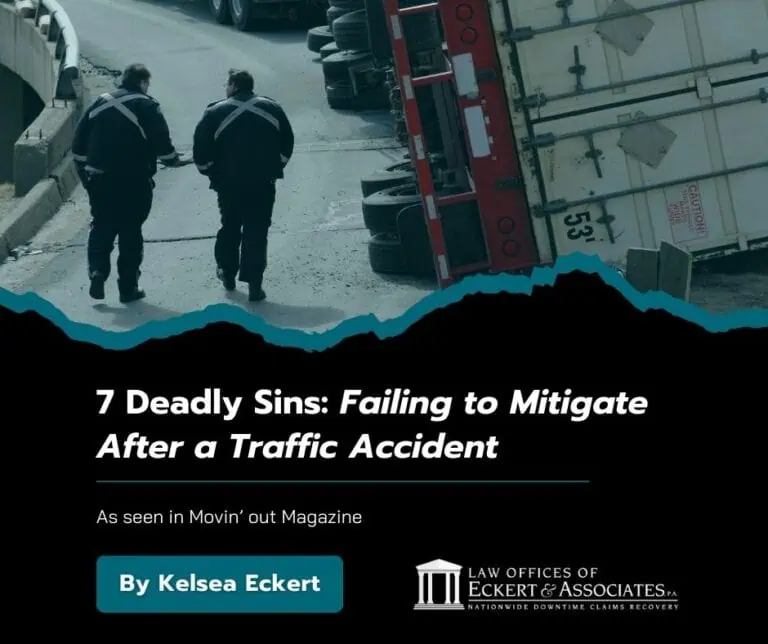 Two officers walking beside an overturned truck on a road. Text overlay discusses legal advice after a traffic accident.