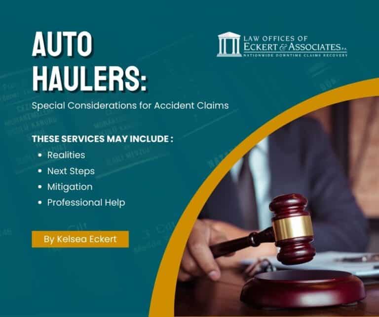 Auto Haulers: Special Considerations for Accident Claims" cover with a person's hand on a gavel, including topics like realities, next steps, mitigation, and professional help by Kelsea Eckert.