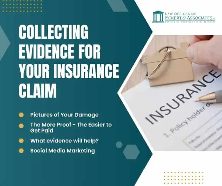Insurance claim document with hand holding a pen. Accompanying text discusses collecting evidence, including pictures of damage and social media marketing. Text logo for a law office is present.