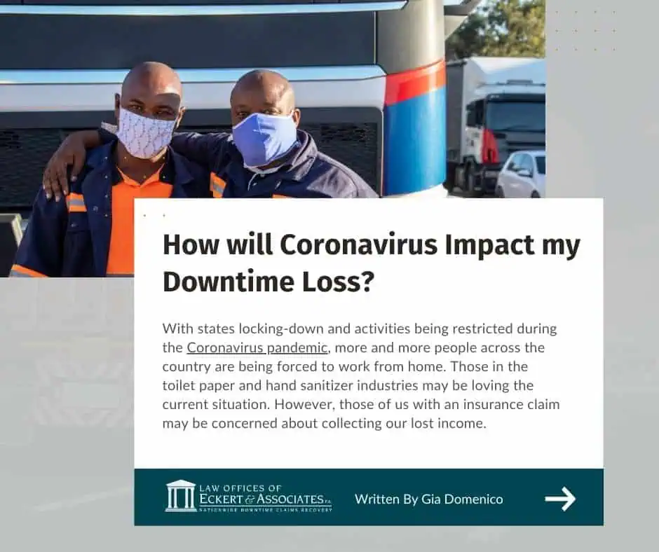 Two men wearing masks stand in front of a truck. Text overlay discusses the impact of coronavirus on downtime loss and mentions industries like toilet paper and hand sanitizer.