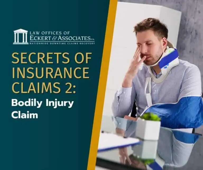 Man with an injured arm and neck brace sits at a desk. Text reads: "Secrets of Insurance Claims 2: Bodily Injury Claim.