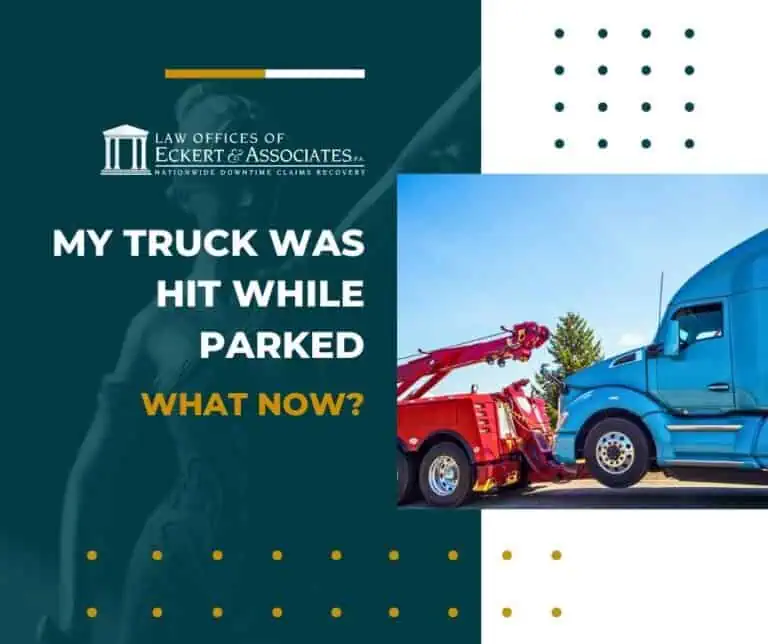 Advertisement featuring a red tow truck towing a blue truck. Text reads: "My truck was hit while parked. What now?" by Law Offices of Eckert & Associates.