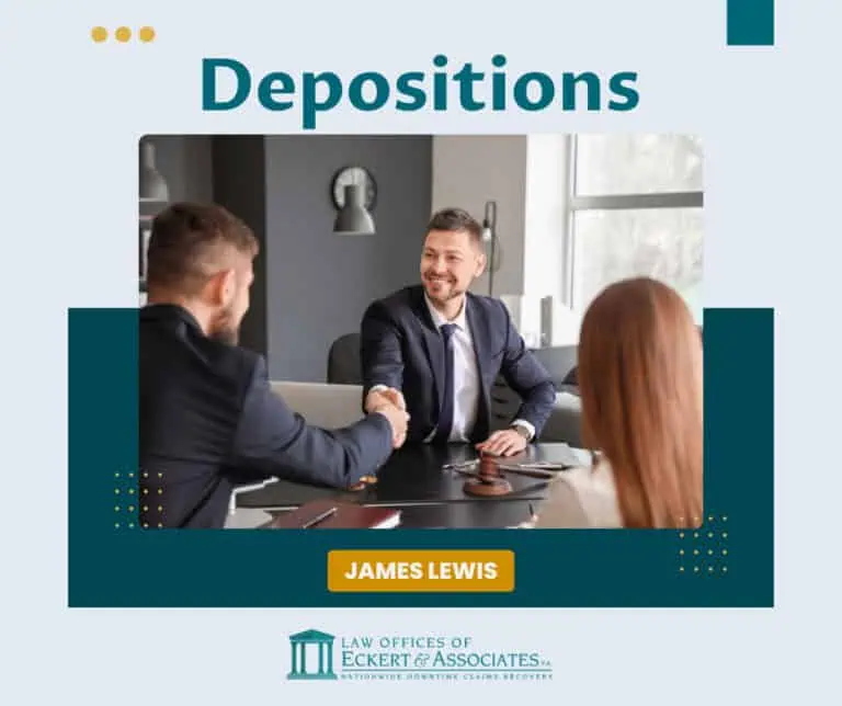 Three people are seated at a table, with one man shaking hands with another. "Depositions" is written above, and "James Lewis, Law Offices of Eckert & Associates" is at the bottom.
