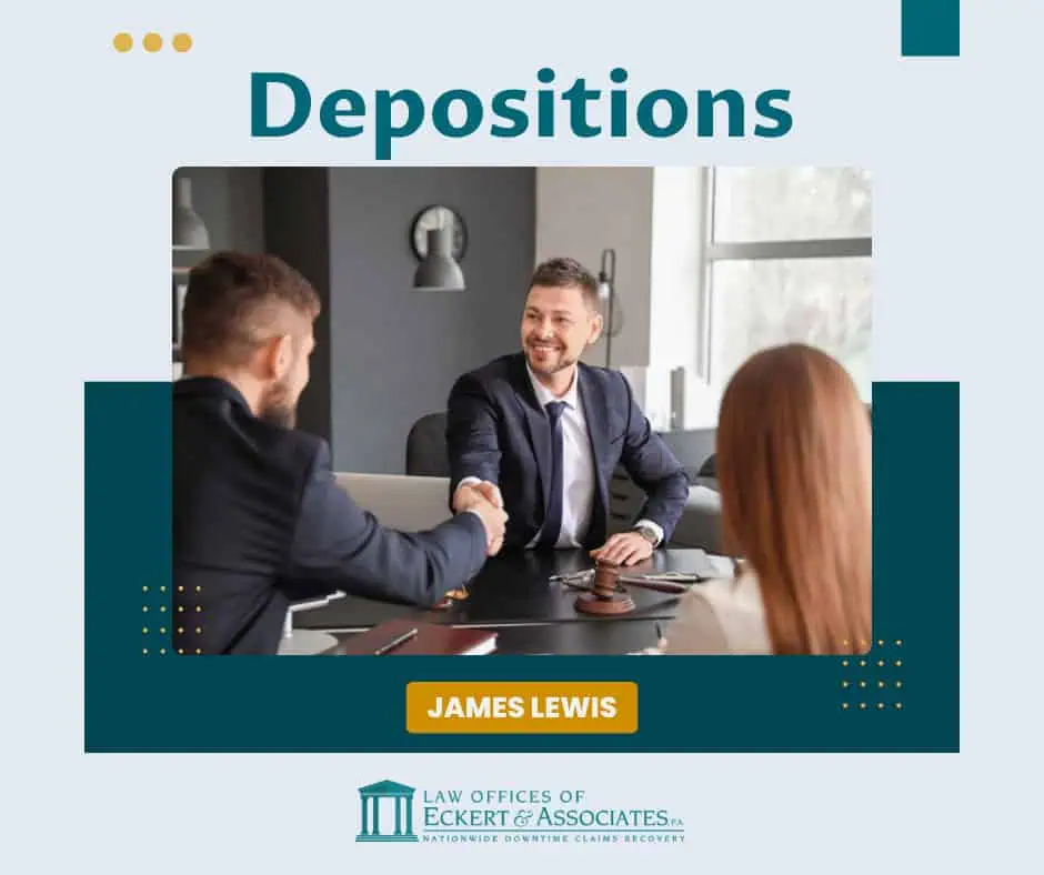 Three people are seated at a table, with one man shaking hands with another. "Depositions" is written above, and "James Lewis, Law Offices of Eckert & Associates" is at the bottom.