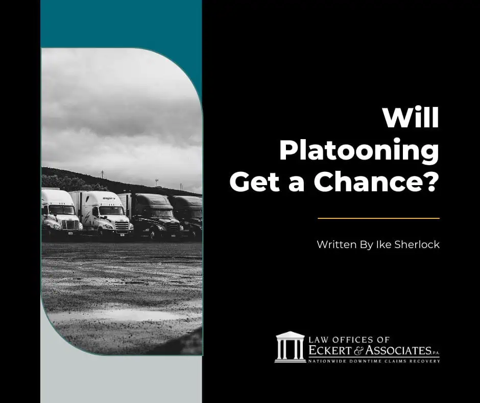 Black and white image of parked semi-trucks under a cloudy sky with text: "Will Platooning Get a Chance? Written by Ike Sherlock," and a law office logo.