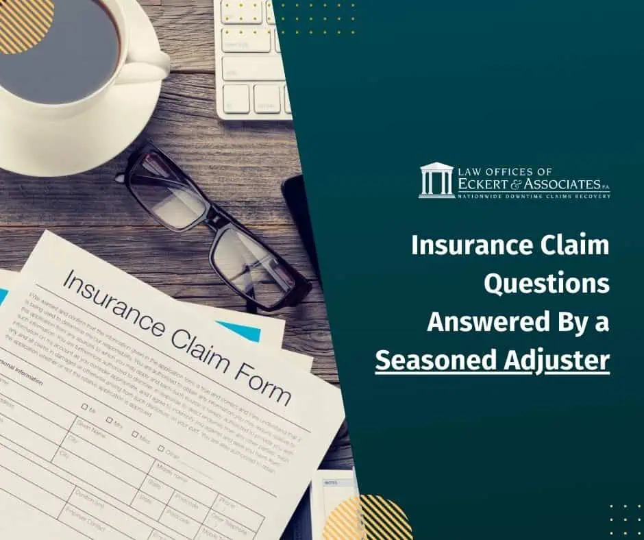 A desk with a coffee cup, glasses, keyboard, and an insurance claim form. Text reads: "Insurance Claim Questions Answered By a Seasoned Adjuster.