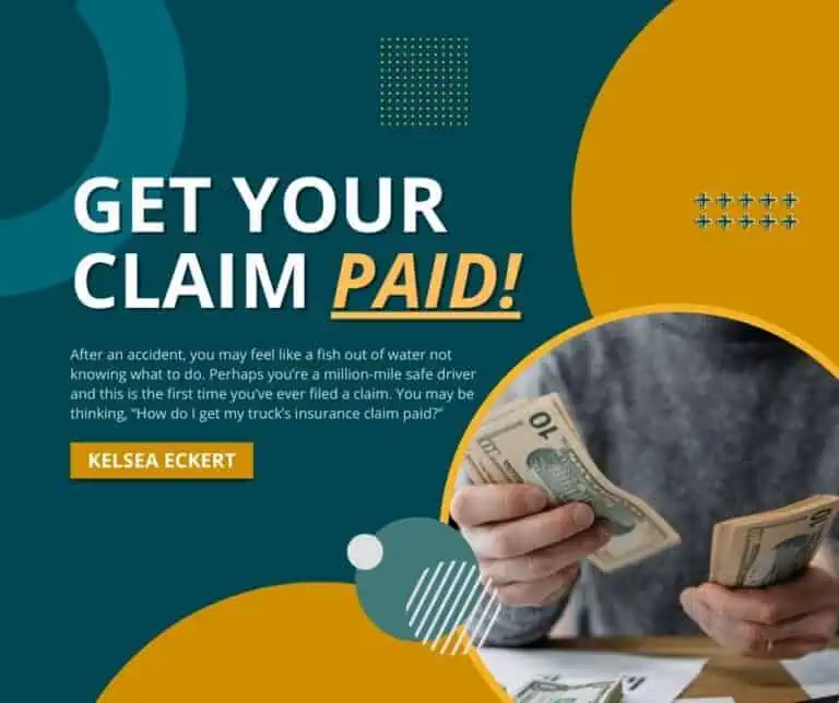 A person counting dollar bills; text reads "Get Your Claim Paid" with a description about filing an insurance claim.