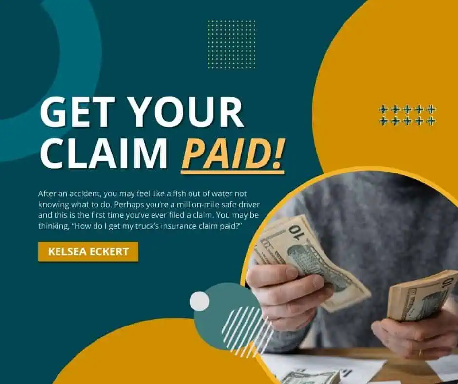A person counting dollar bills; text reads "Get Your Claim Paid" with a description about filing an insurance claim.
