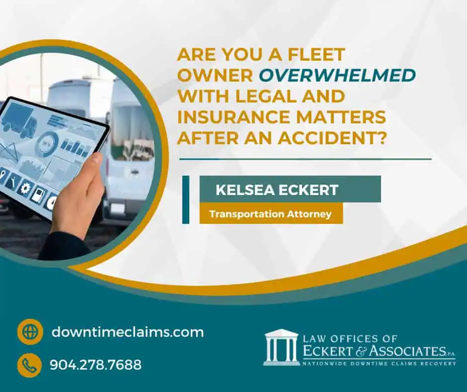 Advertisement for the Law Offices of Eckert & Associates, P.A., promoting legal services for fleet owners dealing with accidents. Contact info, website, and attorney Kelsea Eckert's name are displayed.