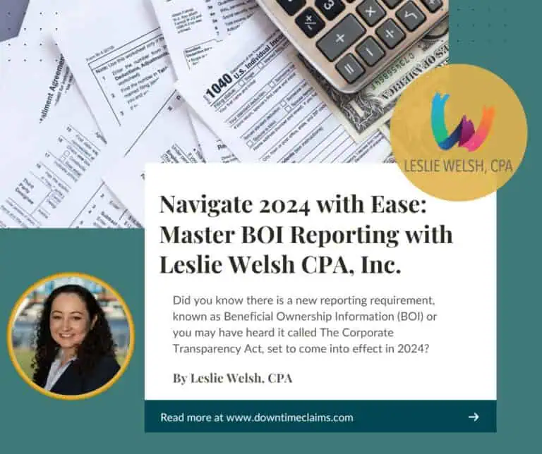 A promotional graphic featuring tax documents, the logo for Leslie Welsh, CPA, Inc., and a headline about mastering BOI reporting in 2024. A photo of Leslie Welsh and a brief article excerpt are also shown.