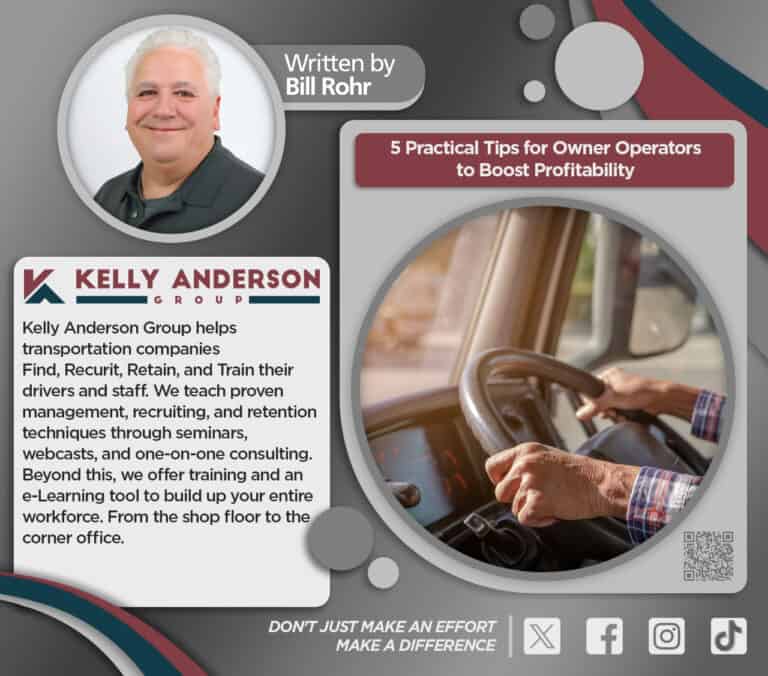 A promotional image for Kelly Anderson Group, detailing transportation company services. Features a headshot of Bill Rohr, and tips for boosting profitability with a focus on training and retention.