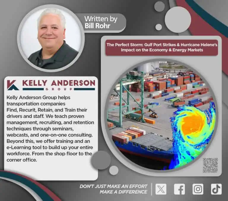 Promotional flyer for Kelly Anderson Group featuring a business executive, a shipping port with containers, and a hurricane image. Text discusses transportation company services and training.
