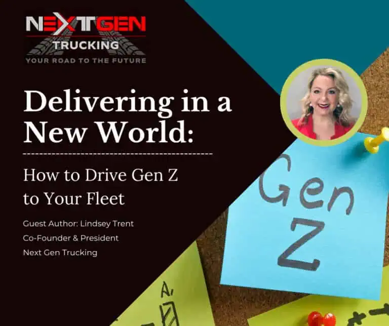 Promotional graphic for a Next Gen Trucking event with guest author Lindsey Trent, focusing on attracting Gen Z to fleets. Includes sticky notes and event details.