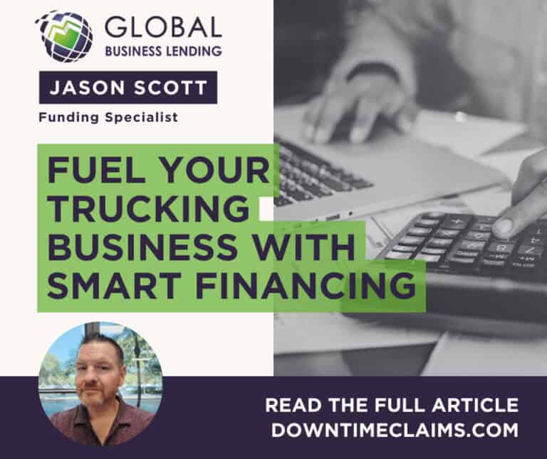 Ad for Global Business Lending featuring a funding specialist and a call to action to read an article on downtimeclaims.com, with an image of hands on a keyboard and calculator.