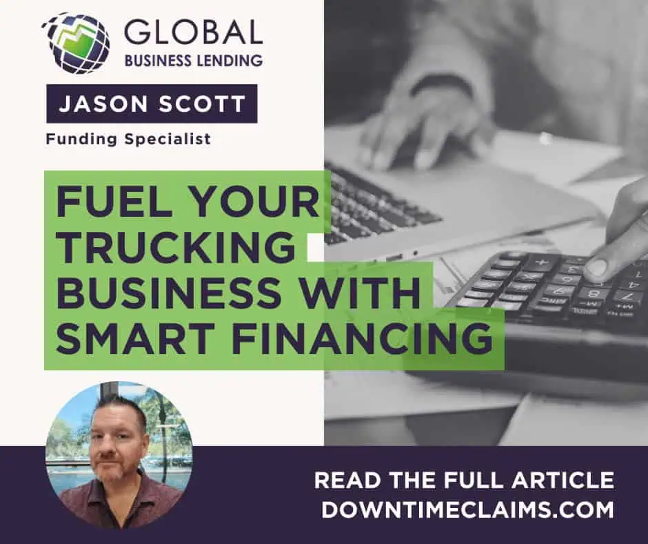 Ad for Global Business Lending featuring a funding specialist and a call to action to read an article on downtimeclaims.com, with an image of hands on a keyboard and calculator.