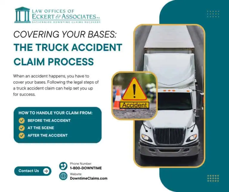 An informational graphic from a law office explains the truck accident claim process, featuring a semi-truck, an accident warning sign, and claim handling steps.
