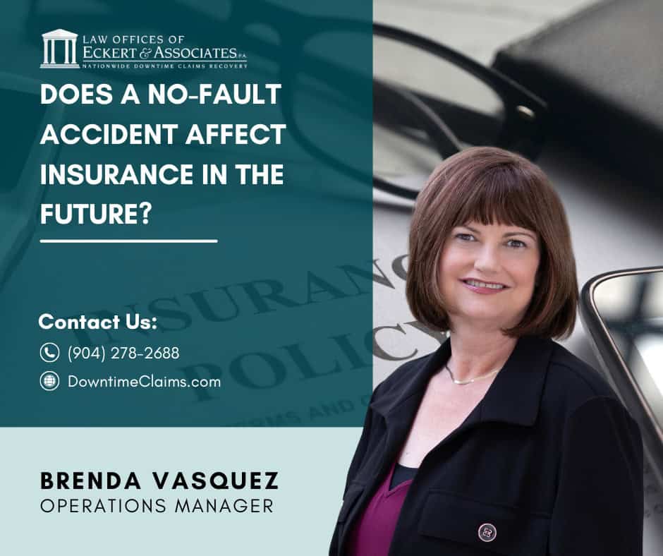 A woman stands smiling beside text promoting no-fault accident insurance, with contact details and her title as operations manager at Eckert & Associates.