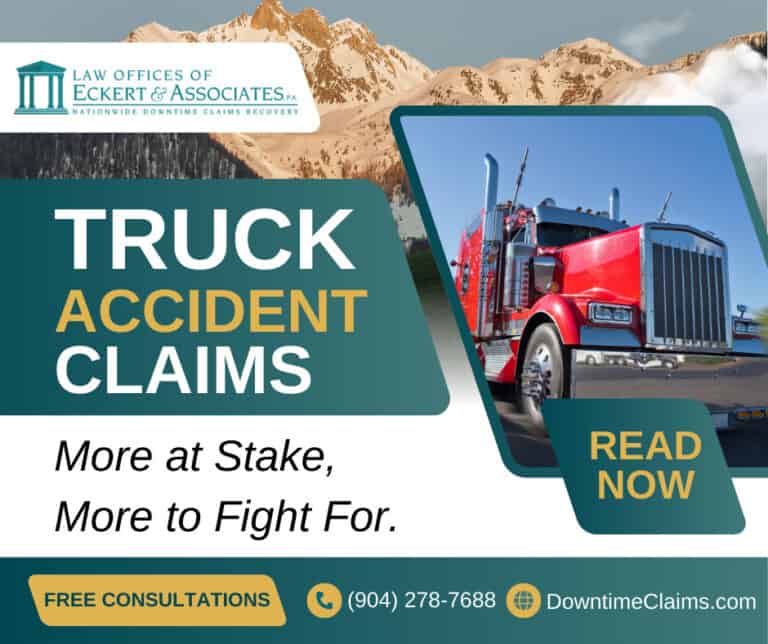An advertisement for truck accident claims featuring a red semi-truck, law office details, contact information, and “FREE CONSULTATIONS” highlighted at the bottom.