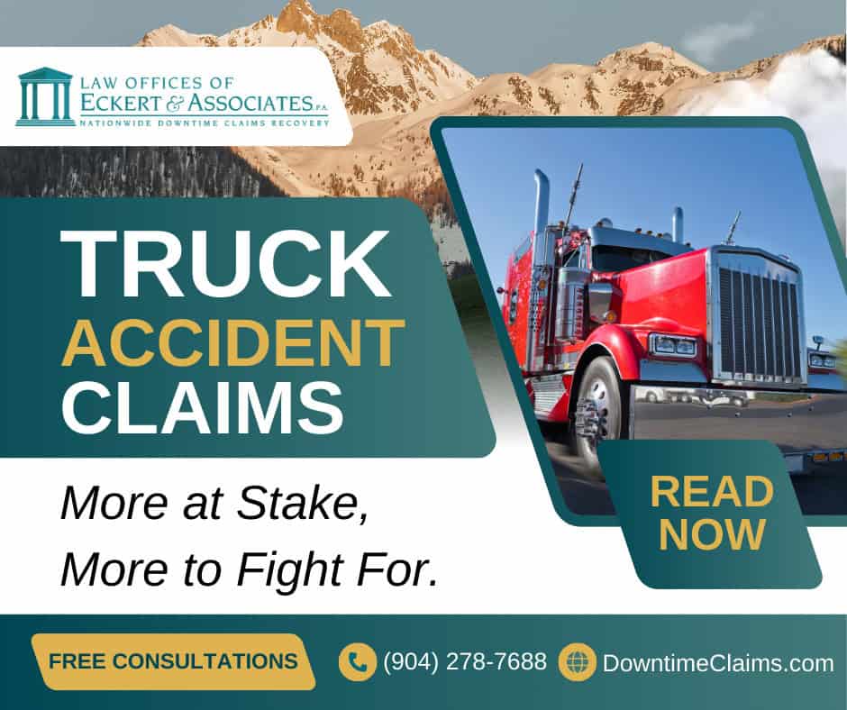 An advertisement for truck accident claims featuring a red semi-truck, law office details, contact information, and “FREE CONSULTATIONS” highlighted at the bottom.