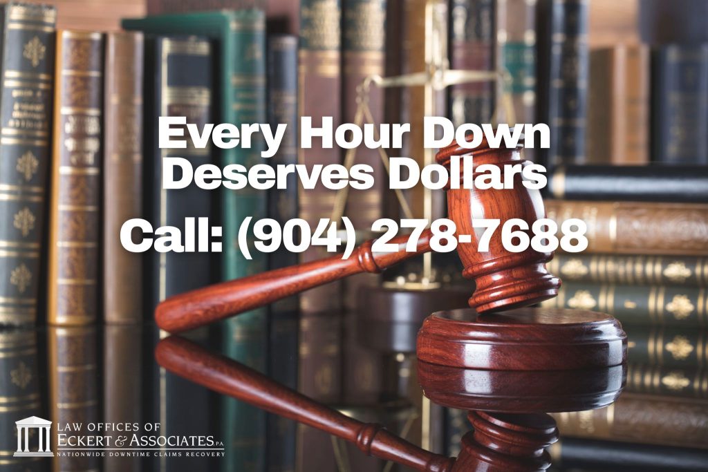 A wooden gavel rests on a sound block in front of bookshelves; text reads, "Every Hour Down Deserves Dollars. Call: (904) 278-7688." Law office logo is in the bottom left corner.