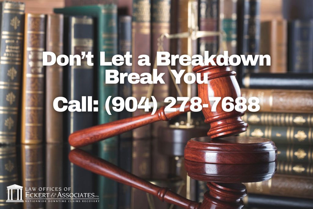 A judge's gavel on a desk with legal books in the background; text reads "Don’t Let a Breakdown Break You Call: (904) 278-7688" and features a law office logo.