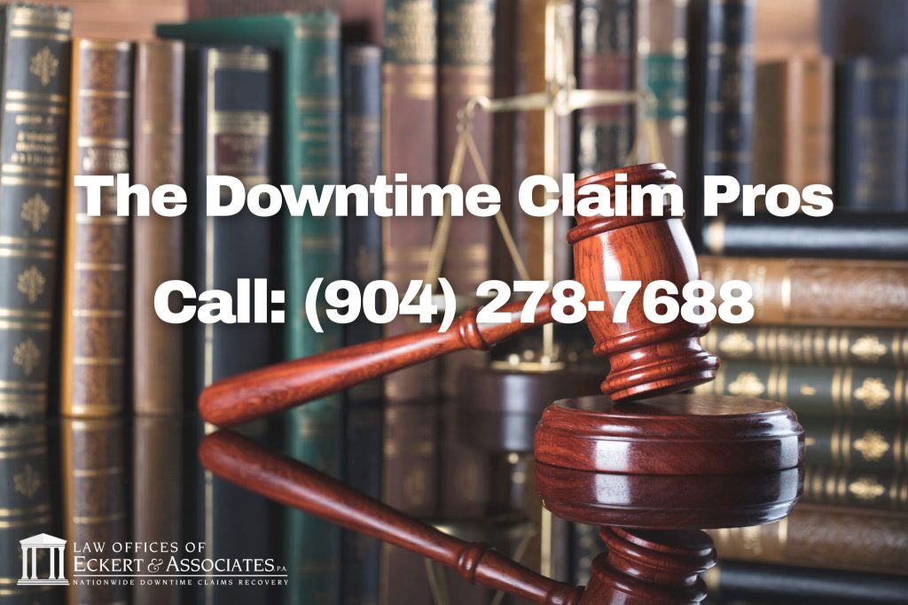 A judge's gavel and legal books with text: "The Downtime Claim Pros. Call: (904) 278-7688. Law Offices of Eckert & Associates, P.A. Nationwide Downtime Claims Recovery.