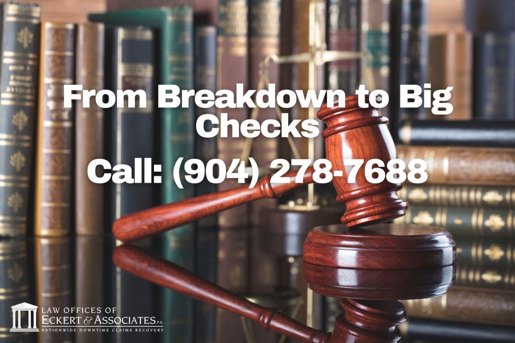 A judge's gavel on a desk with law books in the background. Text reads: "From Breakdown to Big Checks. Call: (904) 278-7688. Law Offices of Eckert & Associates.