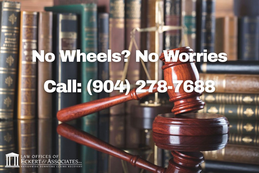 A judge’s gavel and legal books in the background with text: "No Wheels? No Worries. Call: (904) 278-7688." Law firm logo in the lower left corner.