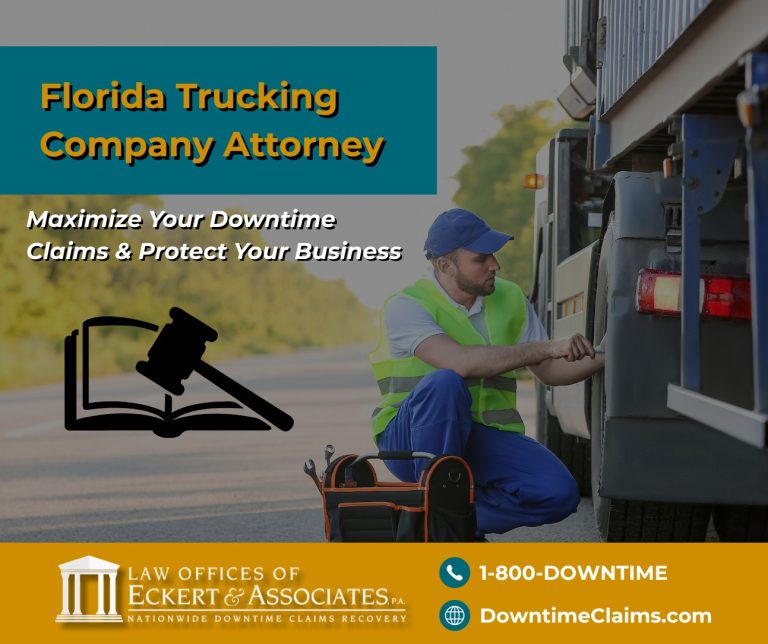 A man in a safety vest inspects a truck on a highway with repair tools; text promotes Florida trucking company attorney services for claims and business protection.