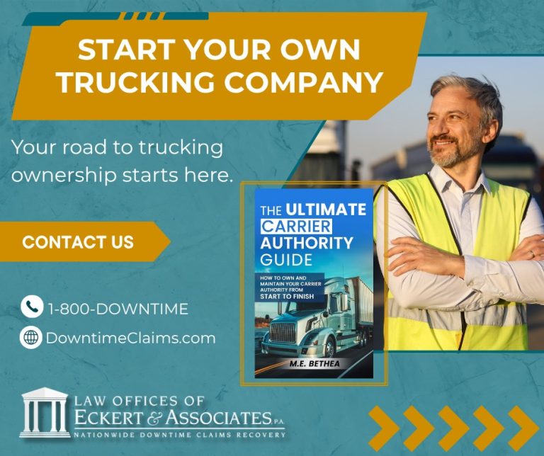 A man in a high-visibility vest stands with arms crossed next to a book cover titled "The Ultimate Carrier Authority Guide" and information for a law office specializing in trucking.