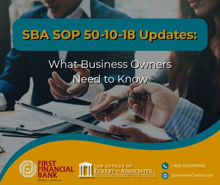 A close-up of people working on documents at a desk, with text overlay about SBA SOP 50-10-18 updates and logos for First Financial Bank and Eckert & Associates.