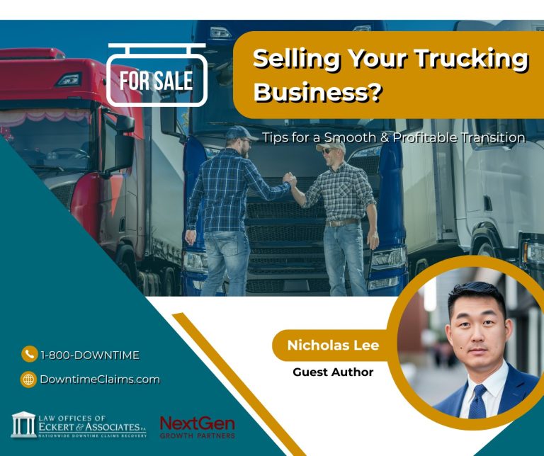 Two men shake hands in front of semi-trucks. Text reads “Selling Your Trucking Business?” with author Nicholas Lee’s photo and contact details for legal and business services.