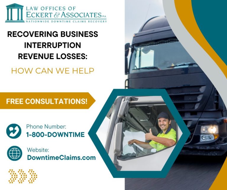 Advertisement for Eckert & Associates law office offering free consultations for business interruption revenue loss claims, featuring a truck and a driver giving a thumbs up.