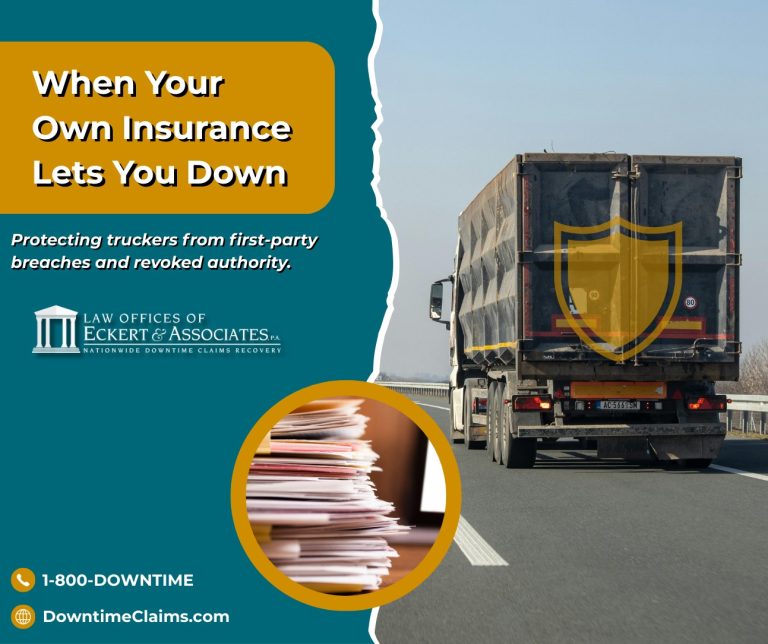 A truck drives on a highway next to a graphic with insurance information, a stack of papers, and contact details for a law office assisting truckers.