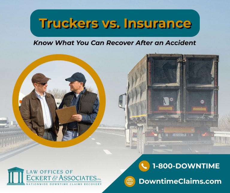 Two men talk beside a truck on a highway; text promotes legal help for truckers recovering after accidents, including contact information for Eckert & Associates, P.A.