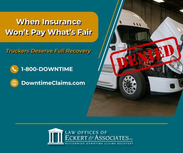 A damaged white semi-truck with a "DENIED" stamp; text offers legal help for truckers seeking fair insurance recovery. Contact info and law office logo shown.