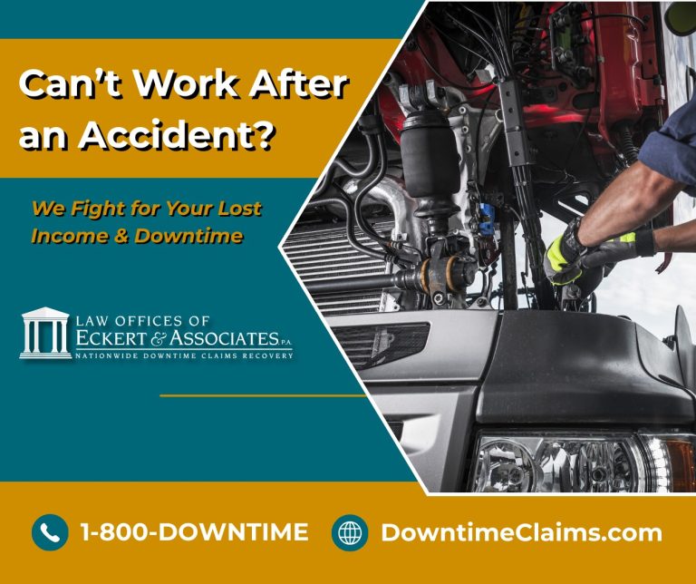 Mechanic repairs a truck engine; ad promotes legal services for lost income and downtime after accidents by Eckert & Associates, with contact info.