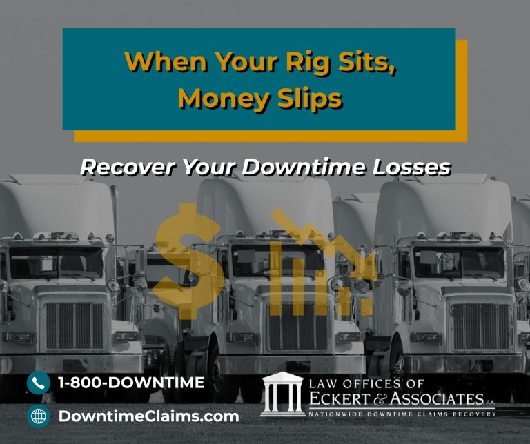 A row of parked semi-trucks with text overlay: "When Your Rig Sits, Money Slips. Recover Your Downtime Losses." Includes law office contact info and website.