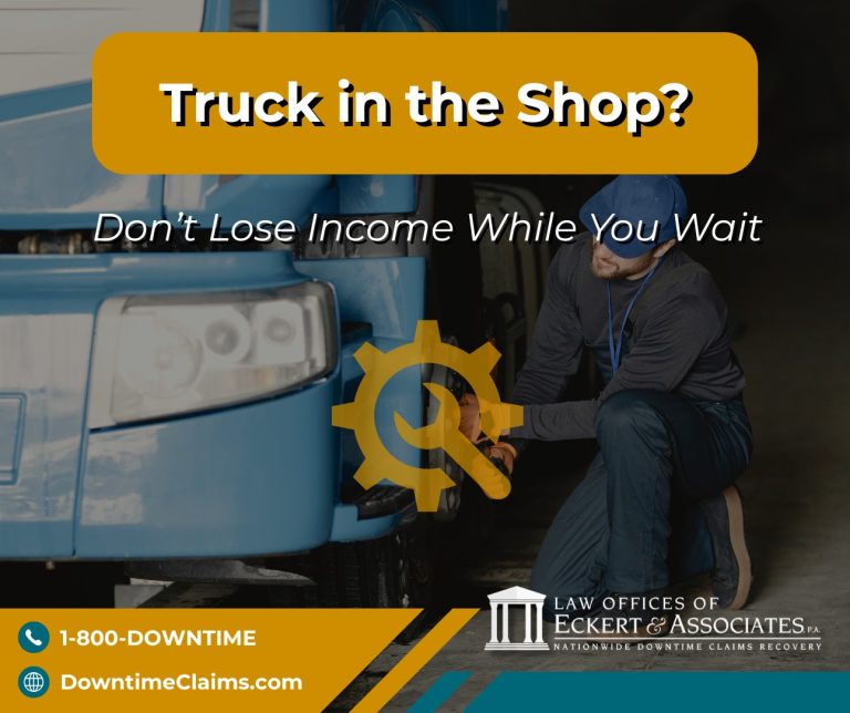 A mechanic works on the wheel area of a blue truck in a garage. Text promotes downtime income claims from a law office, with contact information at the bottom.
