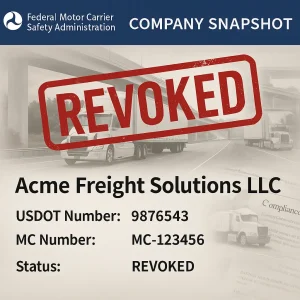 A company snapshot for Acme Freight Solutions LLC shows its USDOT and MC numbers, with a large "REVOKED" stamp indicating its status.
