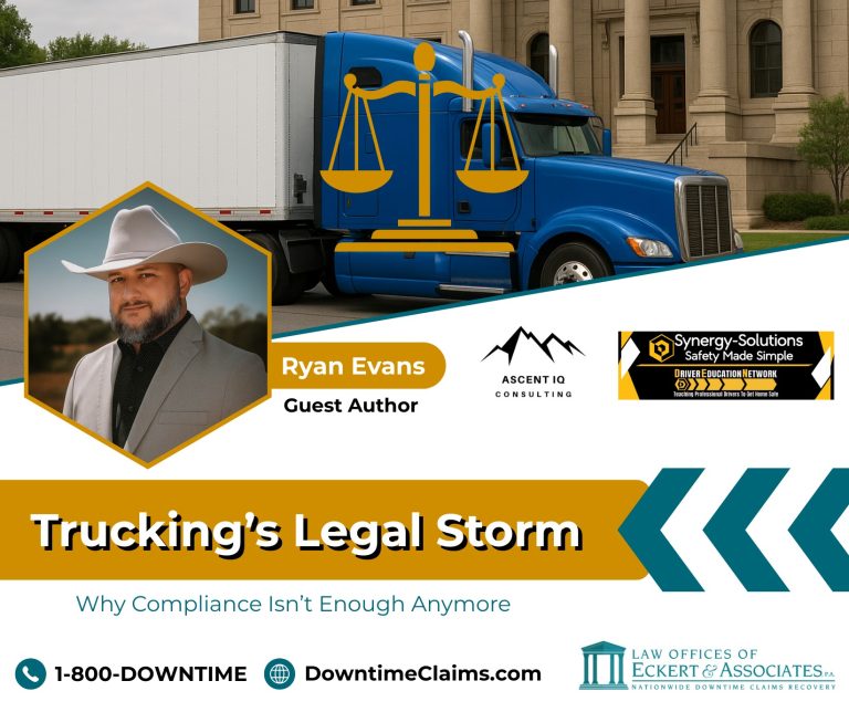 Ryan Evans, guest author, stands in front of a building; a blue semi-truck is nearby. The image promotes a legal article on trucking compliance by Eckert & Associates.