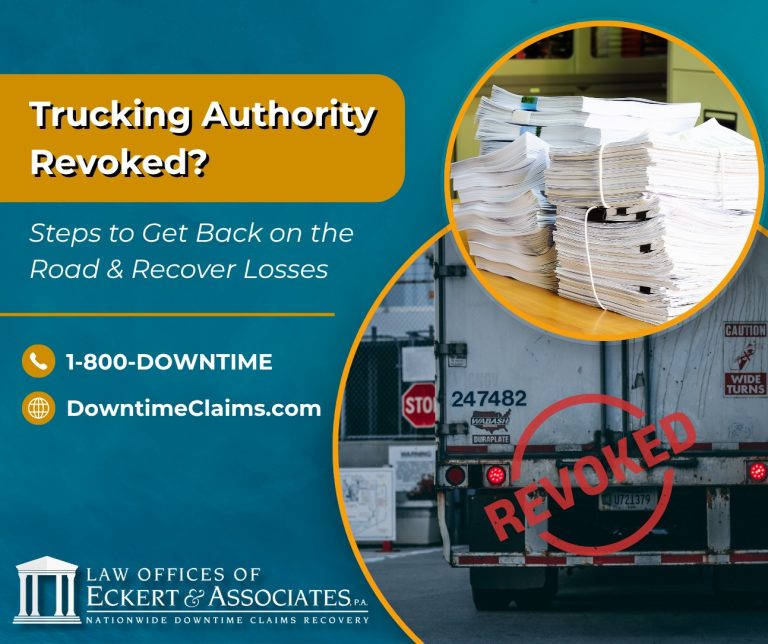 A stack of paperwork beside a truck with a "REVOKED" stamp; text offers legal help for trucking authority revocation from Eckert & Associates.