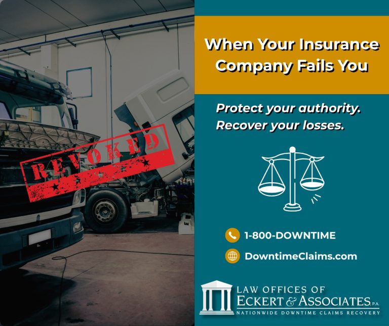 A truck in a repair shop with a red "REVOKED" stamp and an ad for legal help from Eckert & Associates regarding insurance issues.