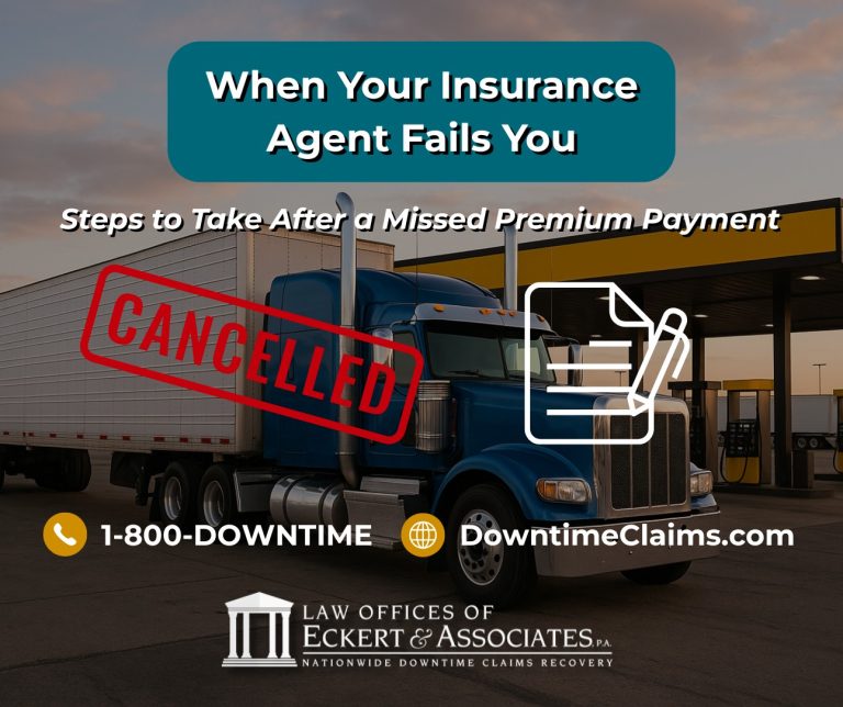 A blue semi-truck at a gas station with a "Cancelled" stamp and text about insurance agent failure and missed premium payments. Law Offices of Eckert & Associates contact info displayed.