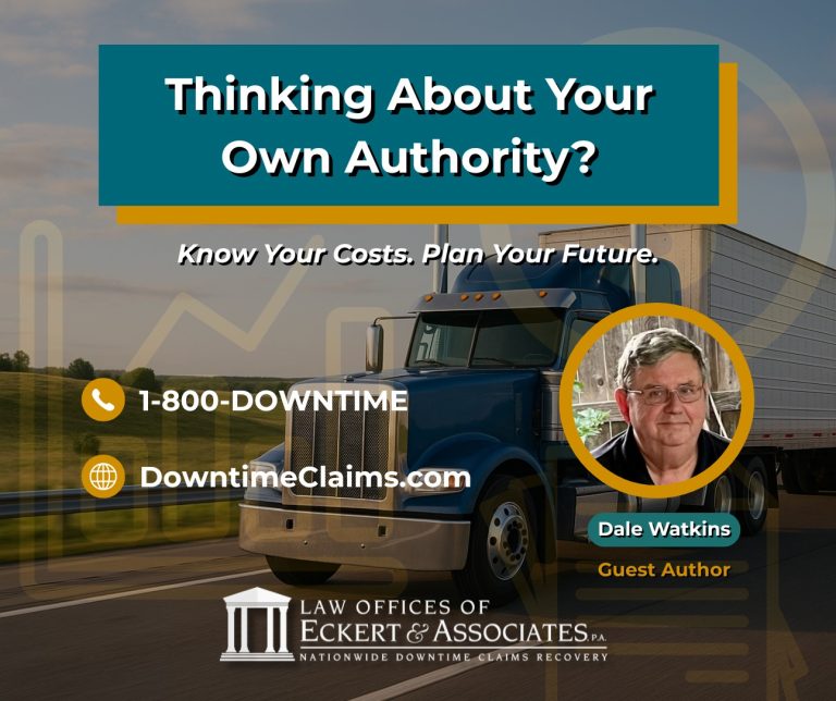 A semi-truck on a highway with text about planning costs for trucking authority, contact info, and a guest author photo labeled Dale Watkins.