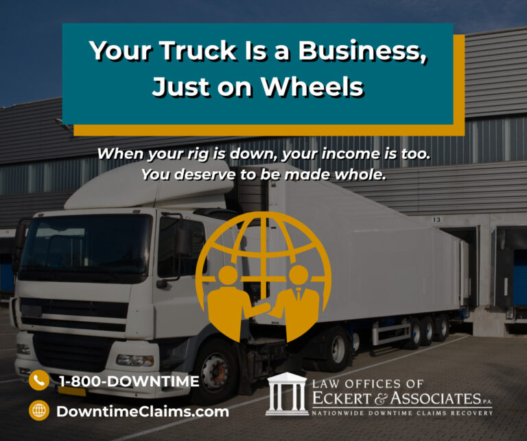 A white semi-truck is parked at a loading dock outside a warehouse, with business and legal service information overlaid in text.